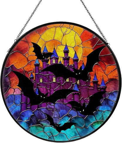 Bat Stained Glass Window Hanging, Horror Movies Decor Suncatcher for Window Hanging, Moon Sun Catchers Indoor Windows Wall Art, Gifts for Bat Lovers, Christmas Decor, for Home Garden Office 7.87 inch