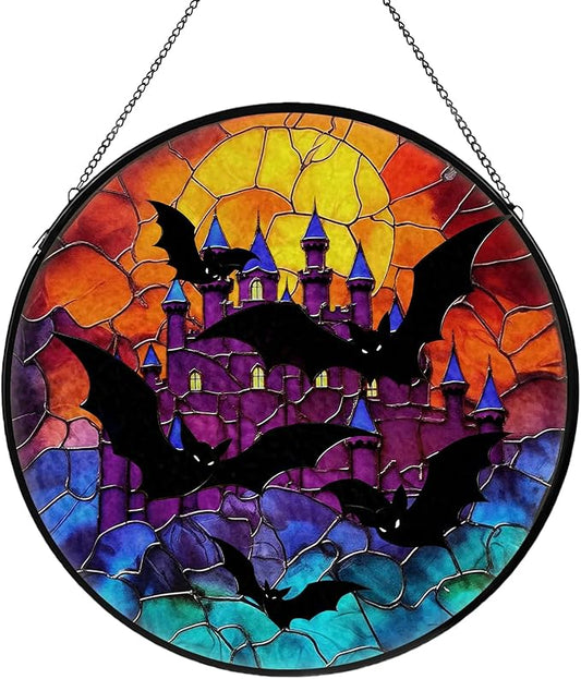 Bat Stained Glass Window Hanging, Horror Movies Decor Suncatcher for Window Hanging, Moon Sun Catchers Indoor Windows Wall Art, Gifts for Bat Lovers, Christmas Decor, for Home Garden Office 7.87 inch