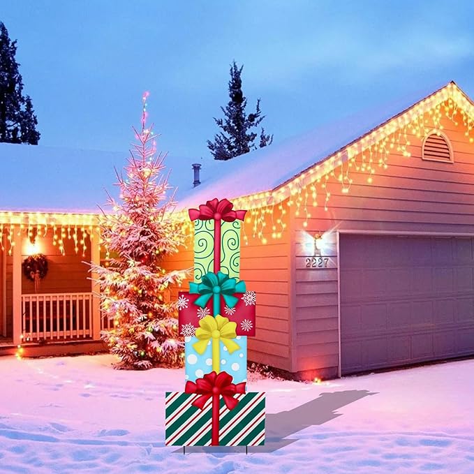 WONDER GARDEN 4PCS Box Sign, Metal Box Yard Stakes, Stacked or Detachable Garden Stakes Yard Signs, Outdoor Christmas Decorations for Lawn Party Outside