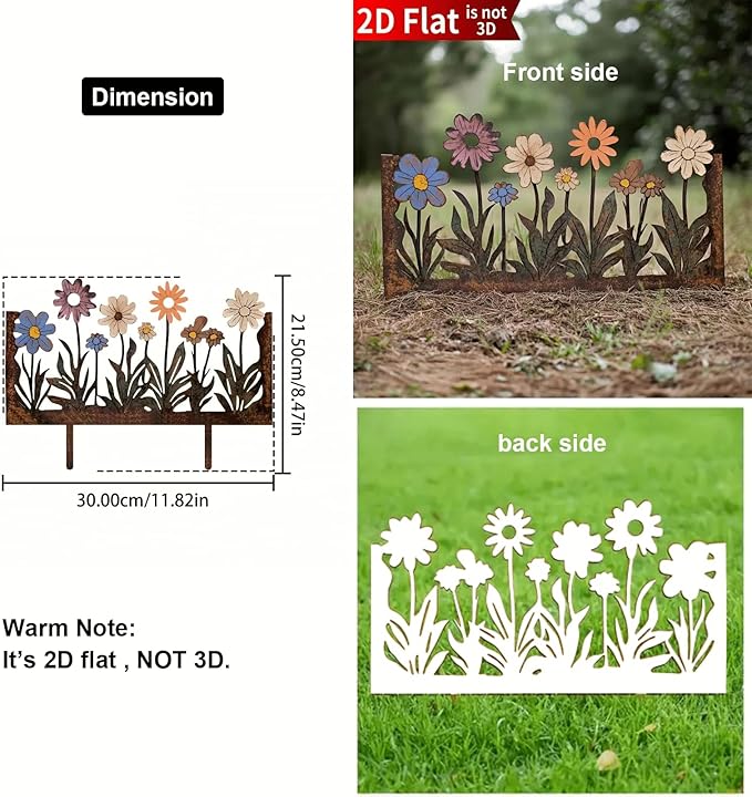 Rusty Metal Wild Flowers Garden Stakes 11.82 x 8.47 inches, Decorative Flowers Yard Stake Metal Art for Outdoor Garden Lawn Decor (Flower-A)