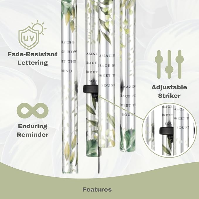 Carson 21" Memorial Windchime 'Amazing Grace How Sweet The Sound' Hymn - Wind Chime Funeral Gift for Loss of Loved One - Indoor Outdoor Decor - Garden Patio Porch Windchimes Wind Spinner