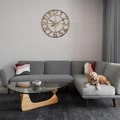 Large Outdoor Clock, 20 Inch Patio Wall Clock Silent Non-Ticking Battery, Retro Vintage Gold Metal Decorative Clock for Farmhouse Living Room, Kitchen, Office