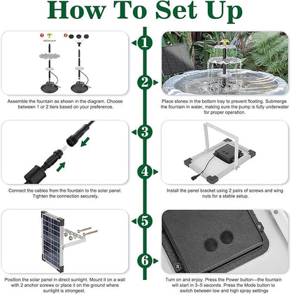 Solar Water Fountain, 6W Solar Bird Bath Fountain Pump with Color LED Lights, 3 Interchangeable Nozzles & Easy Installation, Solar Powered Fountain for Garden, Bird Bath, Patio, Yard, Pond