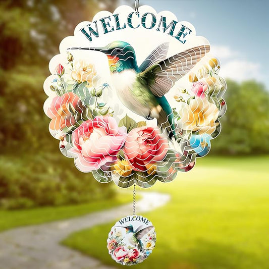 MXJSUA Hummingbird Wind Spinners for Indoor Outdoor Garden Decoration, 12 Inch Flowers Stainless Steel Hanging Wind Spinners Ornaments Crafts for Gifts