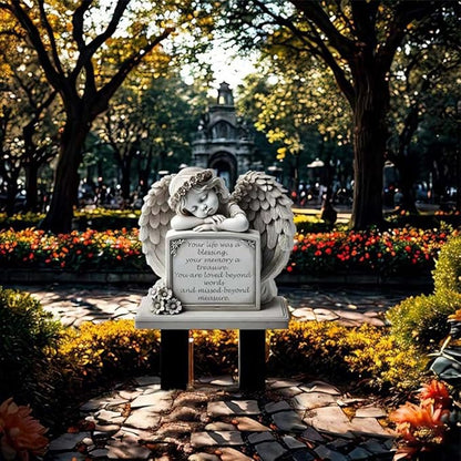 Garden Angel Statue, Angel Tombstone Commemorative Plaque, Memorial Plaque with Sleeping Angel Garden Statue, Sympathy Gift Human Memorial Gifts, in Memory of Loved One, Bereavement Gifts