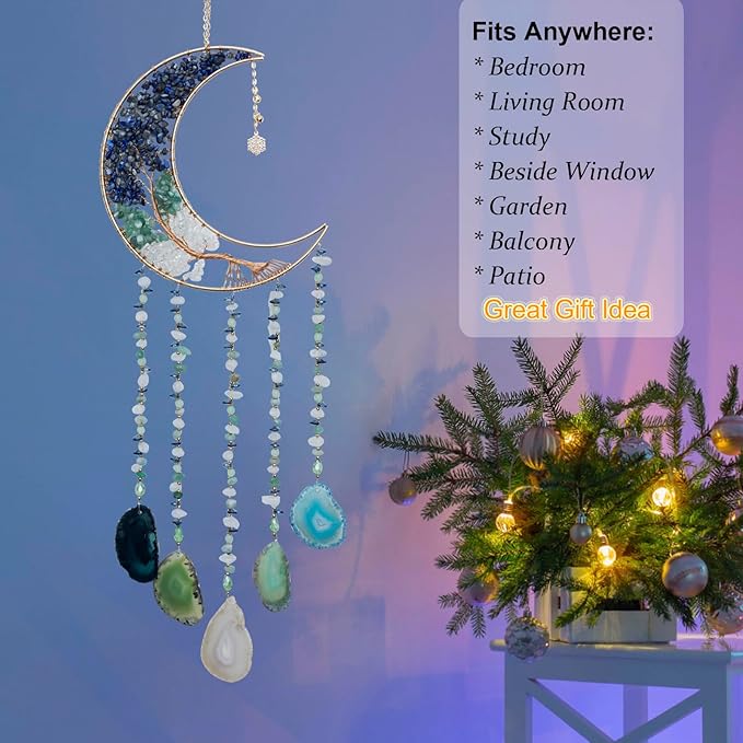 Moon Wind Chimes with Crystal Tree for Home Wall Decor Aesthetic, Room Wall Decor, Bohemian Room Decor, Haning Crystal Decor, Bedroom Decor for Women, Unique Gift for Women