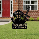 F Around & Find Out Dog Sentry Metal Dogs Silhouette Garden Stake with Middle Finger &Weapon Sign, FAFO Security Sign Middle Finger Dog Statue Decor for Outdoor Yard Patio (Dachshund, 8 * 16")