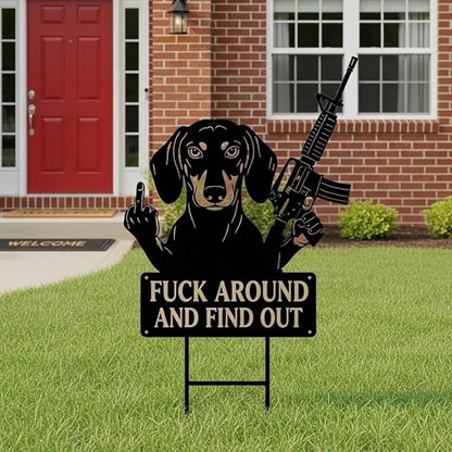 F Around & Find Out Dog Sentry Metal Dogs Silhouette Garden Stake with Middle Finger &Weapon Sign, FAFO Security Sign Middle Finger Dog Statue Decor for Outdoor Yard Patio (Dachshund, 6 * 12")