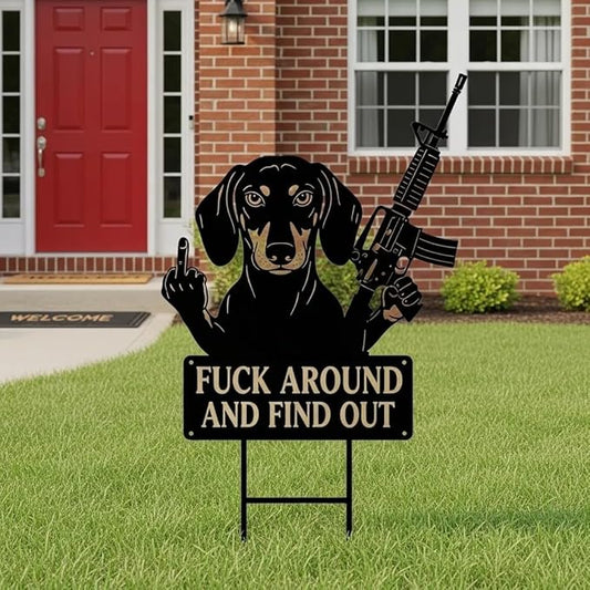 F Around & Find Out Dog Sentry Metal Dogs Silhouette Garden Stake with Middle Finger &Weapon Sign, FAFO Security Sign Middle Finger Dog Statue Decor for Outdoor Yard Patio (Dachshund, 6 * 12")