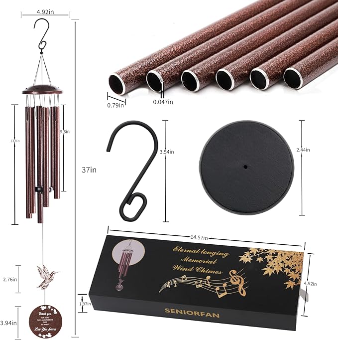 Outdoor Wind Chimes, 37 inch, Hummingbird Windchime, Suitable for Home Decoration, can be Used in Gardens, patios, Balconies, etc. Gift That Expresses Sympathy for Mothers, Grandmothers or Friends.