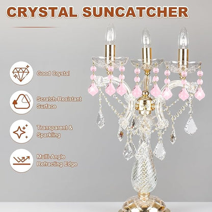 M METERXITY 10PCS Crystal Suncatcher 2 Leaves Prisms Pendants Ornament, 38mm Chandelier Hanging Crystal Sun Catcher Beads for Home Garden Windows Wedding DIY Decoration [Pink]