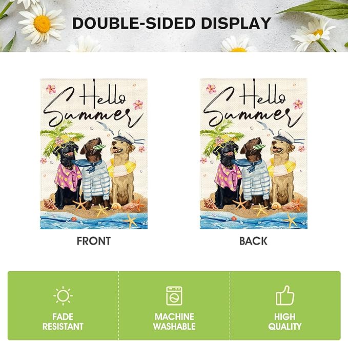 AVOIN colorlife Hello Summer Sea Beach Dogs Garden Flag 12x18 Inch Double Sided Outside, Floral Starfish Seasonal Holiday Yard Outdoor Decoration