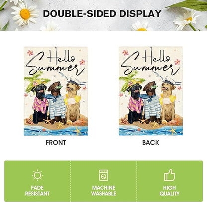 AVOIN colorlife Hello Summer Sea Beach Dogs Garden Flag 12x18 Inch Double Sided Outside, Floral Starfish Seasonal Holiday Yard Outdoor Decoration