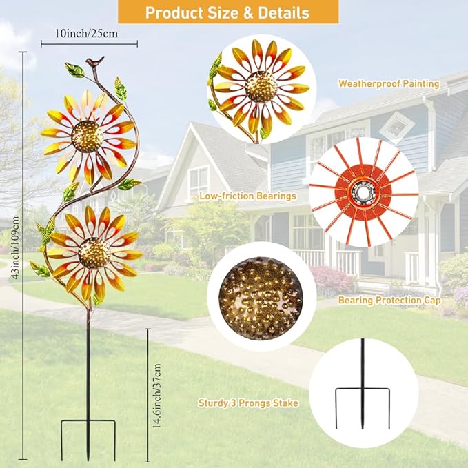VEWOGARDEN Metal Sunflower Wind Spinners Outdoor Kinetic Wind Spinner with Stakes Yard Art for Garden Lawn Patio Decoration, Yellow