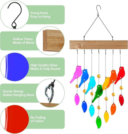 Glass Wind Chimes，Wind Chimes for Outside，Colorful Wind Chime 28" Garden Chimes for Home Patio, Housewarming Gifts for New House, Gift for Unisex (Bird)
