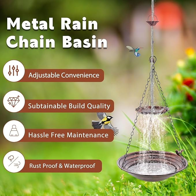 13 inch Rain Chain Basin, Metal Rain Chains Anchoring Bowl Dish, DIY Rain Chain Basin for Gutter Downspout, Copper Hanging Birdbath for Outdoor Garden Patio Decor