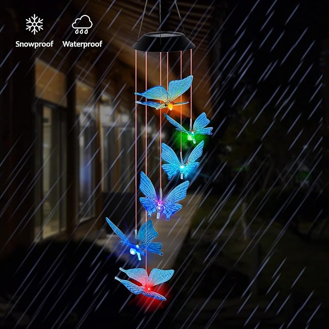 SAND MINE Solar Wind Chimes, Outdoor Butterfly Wind Chimes, Color Changing LED Mobile Wind Chime, Outdoor Waterproof LED Solar Light for Porch Deck Garden Patio Decor, Blue