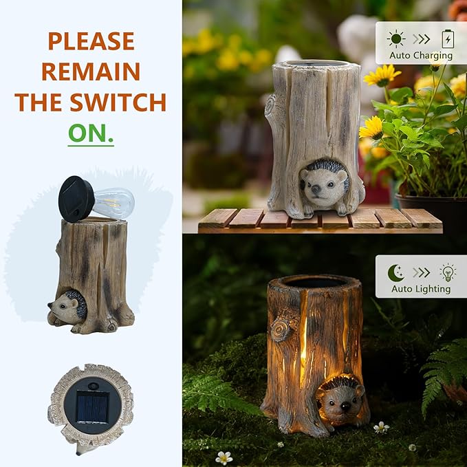 Landoraloria Solar Powered Tree Stump Owl Garden Statue with Light, Brown Resin, Waterproof Outdoor Decorative Lamp (Hedgehog)