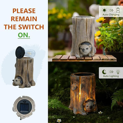 Landoraloria Solar Powered Tree Stump Owl Garden Statue with Light, Brown Resin, Waterproof Outdoor Decorative Lamp (Hedgehog)