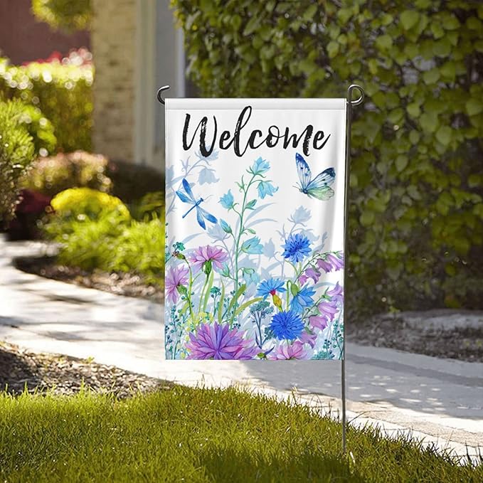 Spring Summer Garden Flag with Welcome Quote Blue Flower Butterfly Dragonfly Mini Yard Flag Double-Sided Garden Flags Rustic Farmhouse Sign for Home Garden Outdoor Decoration, 12.5 X 18 Inch
