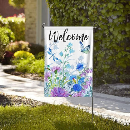 Spring Summer Garden Flag with Welcome Quote Blue Flower Butterfly Dragonfly Mini Yard Flag Double-Sided Garden Flags Rustic Farmhouse Sign for Home Garden Outdoor Decoration, 12.5 X 18 Inch