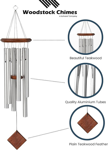 Woodstock Wind Chime for Outside Garden and Patio Decor, 27” Silver Aluminium and Teakwood Wind Chimes, Elegant Chime for Yard and Outdoor Gift
