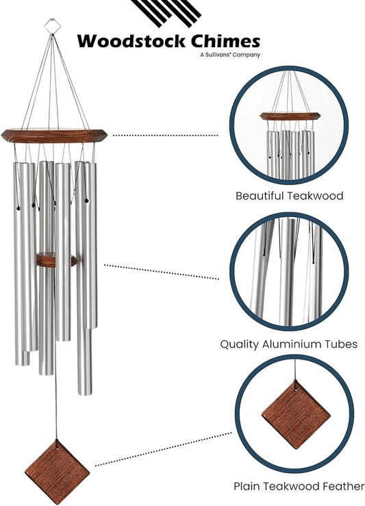 Woodstock Wind Chime for Outside Garden and Patio Decor, 27” Silver Aluminium and Teakwood Wind Chimes, Elegant Chime for Yard and Outdoor Gift