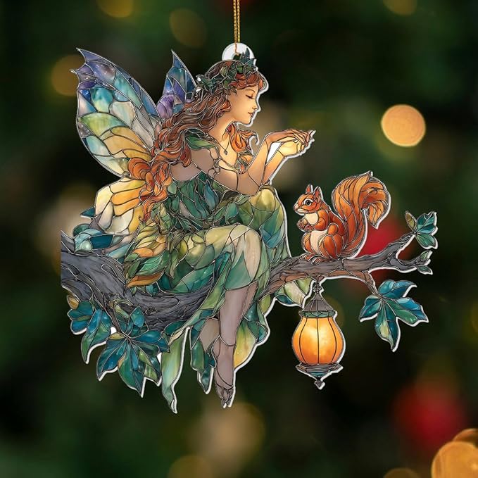 Fairy Ornament Acrylic Suncatcher – Stained Glass Style Fairy Sitting on Branch with Squirrel & Lantern, Fantasy Window Hanging Decor, Enchanted Forest Ornament, for Women (Sun-33)