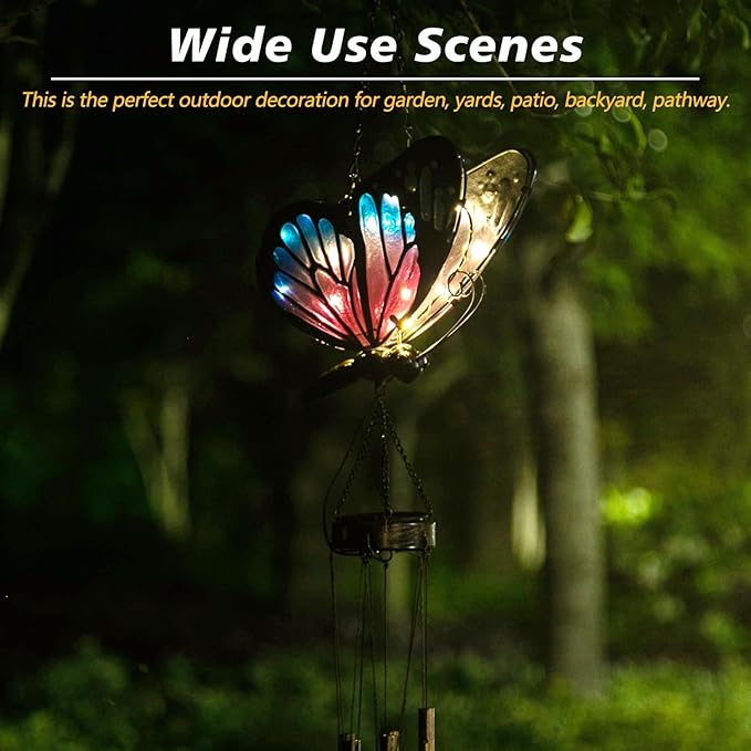 Asense Hanging Wind Chimes for Outside, Solar Powered LED Lights Butterfly Wind Chime, Outdoor Garden Lawn Yard Patio Decoration, Unique Decor Gifts