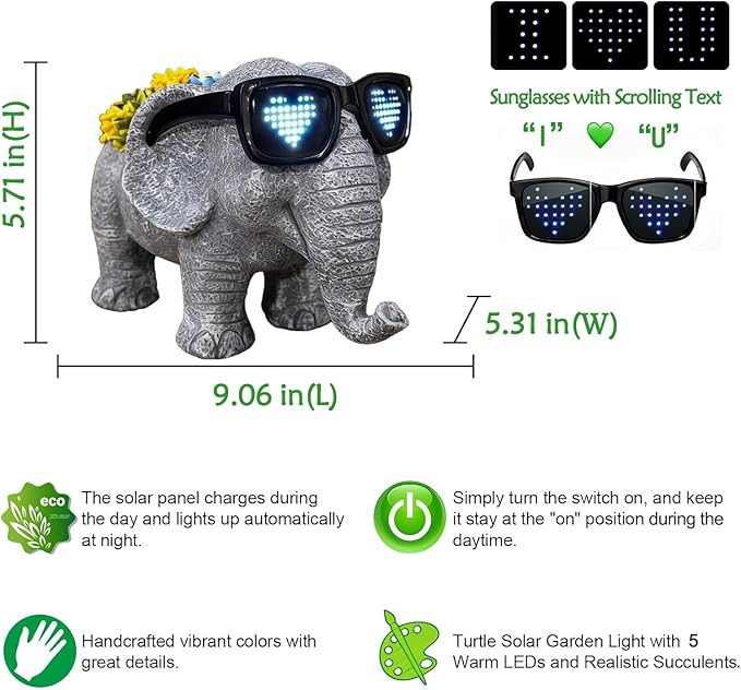Solar Garden Outdoor Statues Elephant with Succulent and LED Lights –Outdoor Decor Ornament for Patio, Backyard, or Lawn – Gifts for Mom Grandma(9.06" D x 5.31" W x 5.71" H)