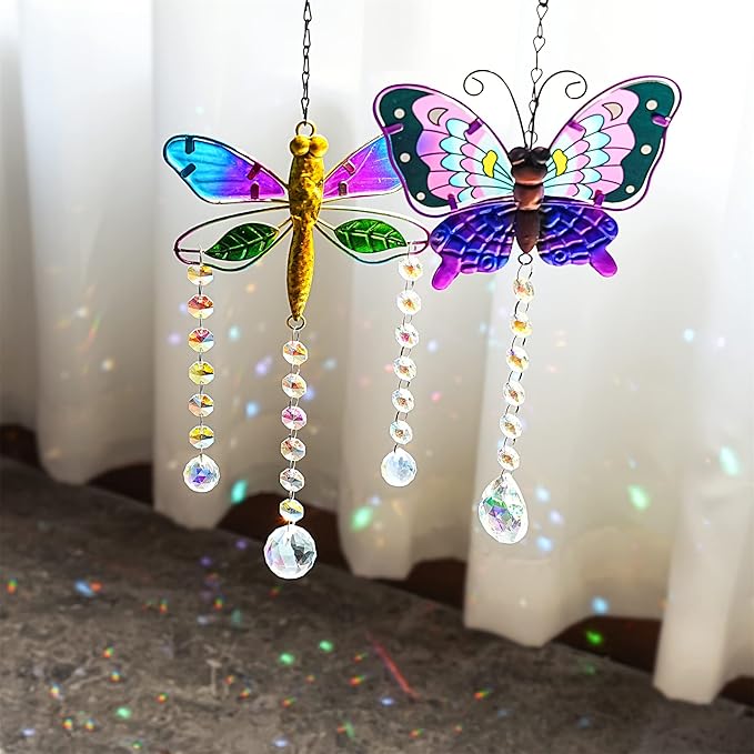 YU FENG Set 2 Suncatchers with Crystals,Stained Glass Butterfly Dragonfly Sun Catchers Window Garden Hanging Decoration Ornament,Prism Rainbow Maker Pendant Ornament for Christmas Tree