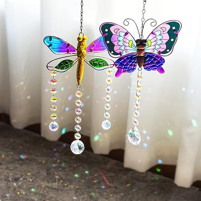 YU FENG Set 2 Suncatchers with Crystals,Stained Glass Butterfly Dragonfly Sun Catchers Window Garden Hanging Decoration Ornament,Prism Rainbow Maker Pendant Ornament for Christmas Tree