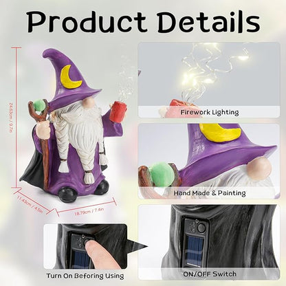 HUYIENO Gnome Solar Garden Statue 9.7" Outdoor Decor with LED Firefly String Lights, Waterproof Solar Powered Figurine for Patio, Yard, Lawn, Porch, Housewarming, Mom & Birthday Gift Ghome