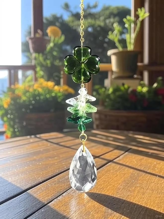 Matuna Four-Leaf Clover Crystal Suncatcher with Heart Prism Ball - Rainbow Maker Window Hanging Ornament for Car, Home, Garden (Blue)