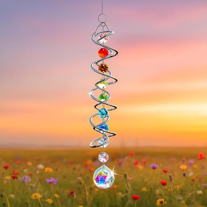 H&D HYALINE & DORA 20.5" Gazing Ball Spiral Tail Decorative Wind Spinners 1.18" Crystal Glass Ball Unique Gift Hanging Decor for Indoor Outdoor Garden Decoration (AB)