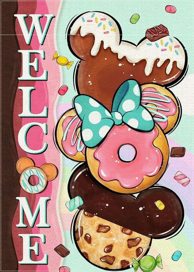 Welcome Cute Donuts Decorative Garden Flag, Pink Sweet Doughnut Chocolate Candy Yard Outside Decorations, Funny Burlap Outdoor Small Home Decor Double Sided 12 x 18