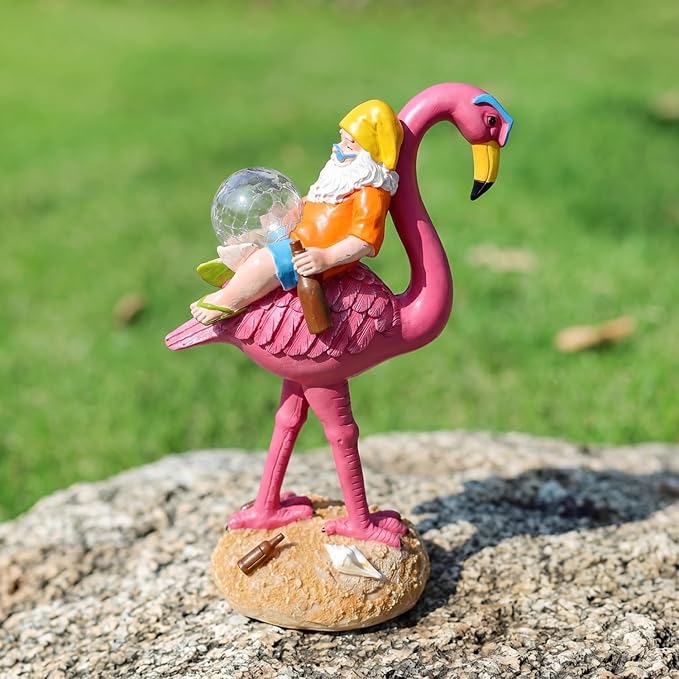 Solar Gnome with Flamingo - Funny Outdoor Garden Decor Statue with Glass Ball Light, Automatic LED Illumination for Patio, Yard, Lawn