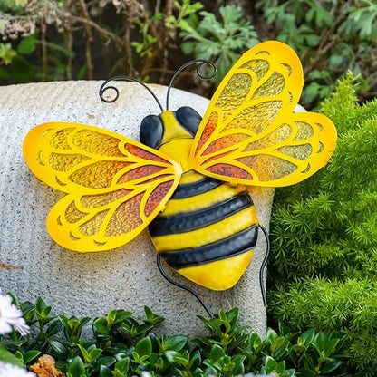 LIFFY Metal Bees Outdoor Decor, 2Pack 10 Inch Glass Bee Wall Art Sculptures for Home, Garden, Fence, Patio