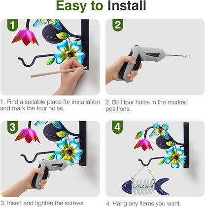 Lewondr Plant Hangers with Solar Light,9 Inch Metal Hanging Plant Bracket Outside,Butterfly Plant Wall Hook Solar Lights Outdoor for Wall,Flower Basket,Bird Feeder,Lantern,Wind Chime,2 Pack