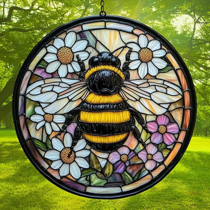 Bee Faux Tiffany Acrylic Suncatcher Stained Glass Effect Window Car Hanging Christmas Ornament Indoor Outdoor Decor Garden Sun Catcher Panel for Bee Lover for Women Mom Grandma