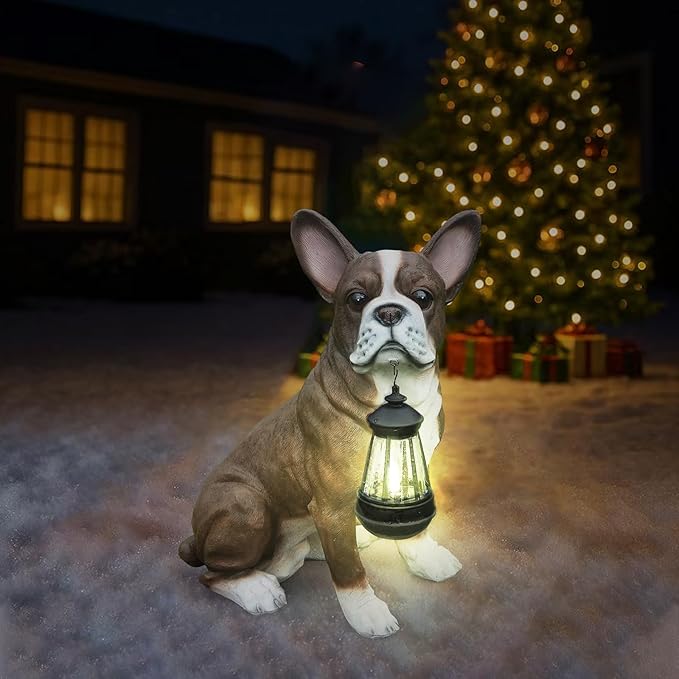 Boston Terrier Garden Statue with Solar Lantern & Double-Sided Sign, Large Resin Dog Animal Sculpture Outdoor Decor for Patio Lawn Yard and Porch, Welcome Gifts for Dog Lovers (16.9")