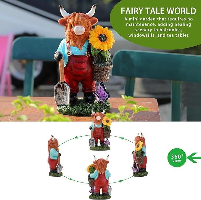 Outdoor Highland Cow Garden Statue with Sunflower Basket, Handmade Resin Figurine for Yard Patio Lawn Decor, Birthday Gifts for Women & Mom