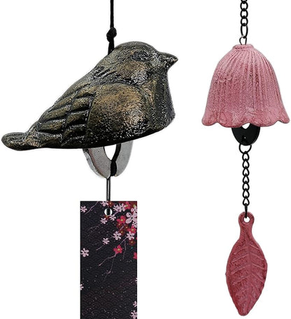 Japanese Wind Chime Cast-Iron Outdoor Ornament for Garden & Patio, 2 Pack Hanging Metal Wind-Bell Decoration Gift, Set of 2 Blessing Pendant Windchimes & PVC Wind-Catcher, Flower & Bird