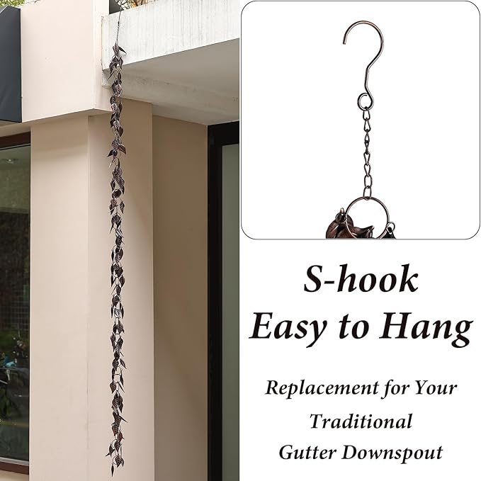 8.5 FT Rain Chain, Leaves Rain Chains for Gutters and Downspouts, Decorative Rain Chains for Outside, Metal Rain Catcher Gutter Chain Downspout, Decorate Your House and Garden, Antique Copper