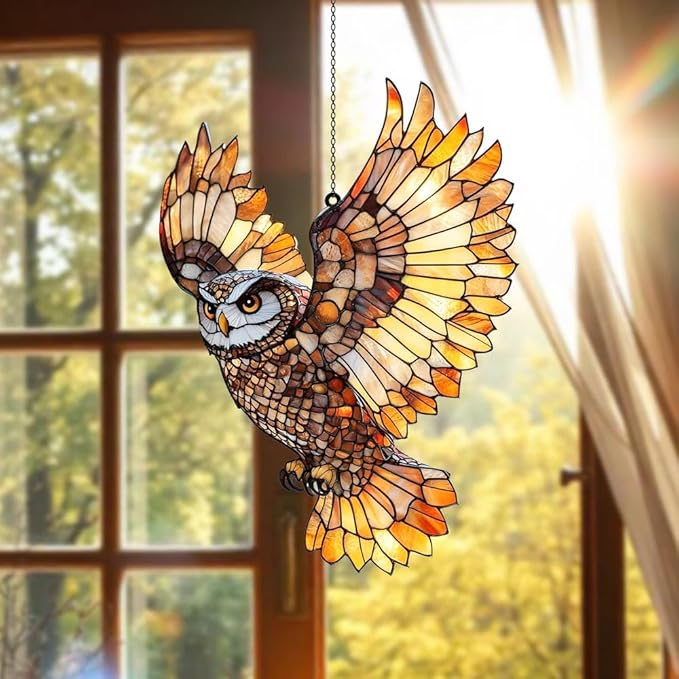 Flying Owl Acrylic Suncatcher, Boho Suncatchers for Window Hanging Ornament, Bohemian Stained Glass Effect Art Garden Decor, Gifts for Mother's Day, Mom, Grandma, Wife, Women, Nana