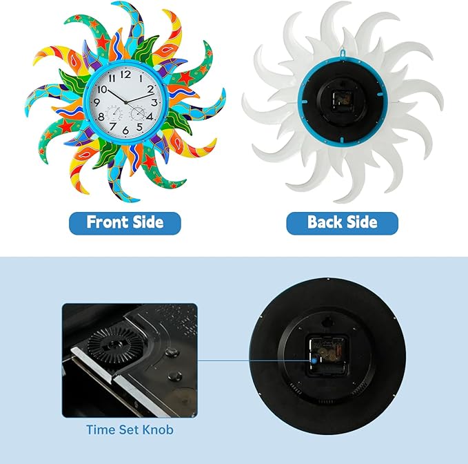 Large Blue Sun Outdoor Clock with Thermometer and Hygrometer Combo, Silent No-Ticking Outdoor Wall Clock, Waterproof Quartz Clock for Patio, Living Room, Kitchen, Garden, 25 Inch
