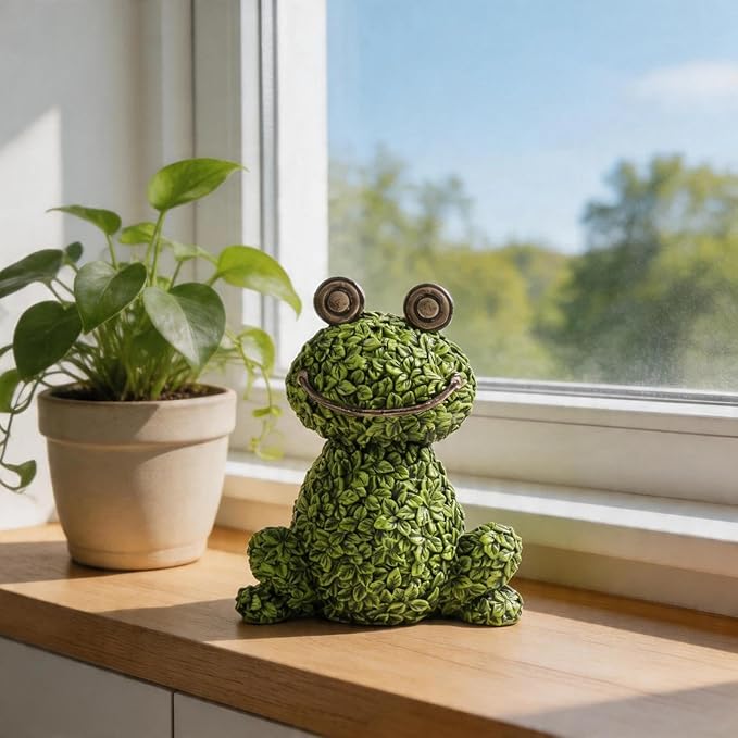 Green Frog Figurine for Plant Pot Decor, 5.3" Resin Frog Small Statue Fairy Garden Accessories, Outdoor Flower Garden Yard Patio Lawn Indoor Table Shelf Home Decorations, Gifts for Women