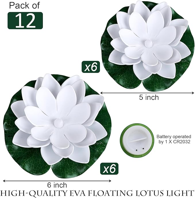 12PCS Waterproof Floating Lotus Light, 5’’+ 6’’ Floating Lily Lights Water Activated Artificial Flowers Battery Operated Warm White Light for Wedding Pool Anniversary Garden Decor