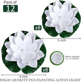 12PCS Waterproof Floating Lotus Light, 5’’+ 6’’ Floating Lily Lights Water Activated Artificial Flowers Battery Operated Warm White Light for Wedding Pool Anniversary Garden Decor