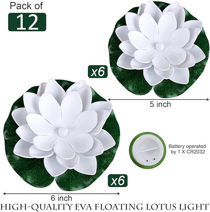 12PCS Waterproof Floating Lotus Light, 5’’+ 6’’ Floating Lily Lights Water Activated Artificial Flowers Battery Operated Warm White Light for Wedding Pool Anniversary Garden Decor